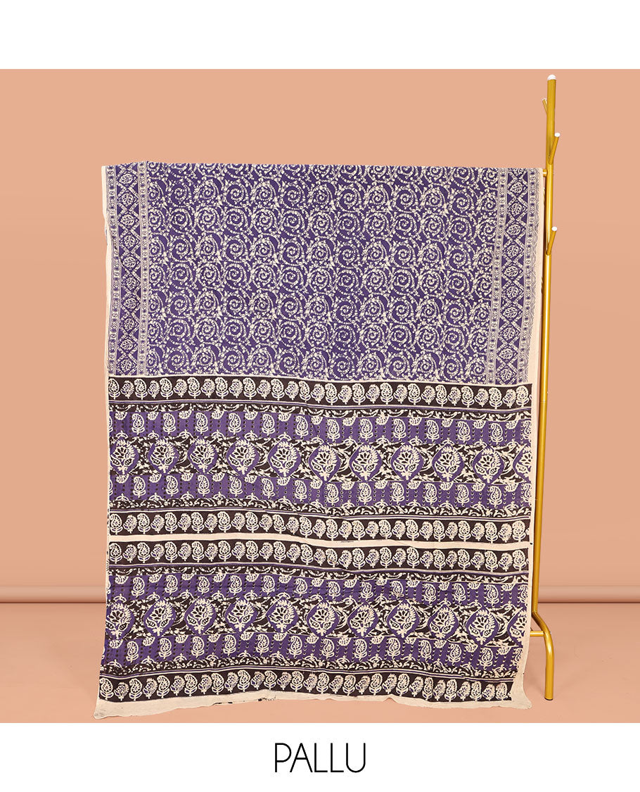 Grey Machine-Printed Kalamkari Cotton Saree, Ornamented with Batik Print on Its Body, Subtle Self-Printed Border, Pallu of Intricate Print, and Paired with a Printed Blouse