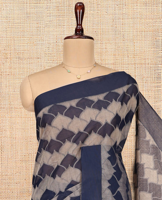 Blue Coimbatore Cotton Saree, Adorned with Scallop Design on Its Body, a Contrast Plain Border, Pallu of Floral Creeper, and Stripes, and Paired with Contrast Blouse