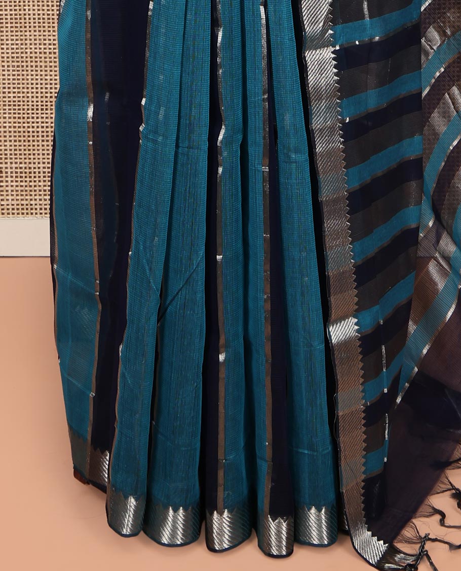Blue Mangalgiri Cotton Saree, Gleamed Up with Stripes on Its Body, Highlighted by Zari Temple Border, Zari-Striped Pallu, and Paired with a Matching Blouse