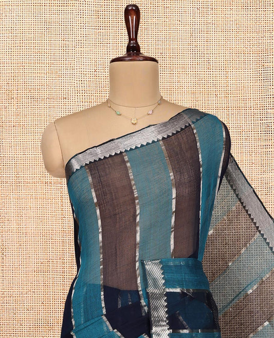 Blue Mangalgiri Cotton Saree, Gleamed Up with Stripes on Its Body, Highlighted by Zari Temple Border, Zari-Striped Pallu, and Paired with a Matching Blouse