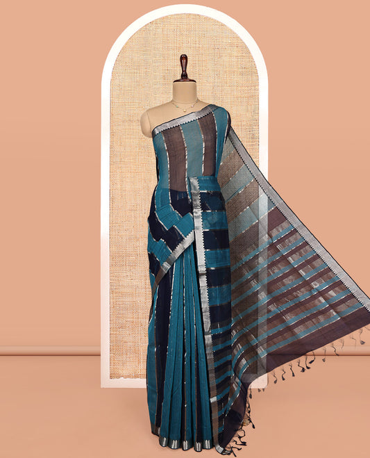 Blue Mangalgiri Cotton Saree, Gleamed Up with Stripes on Its Body, Highlighted by Zari Temple Border, Zari-Striped Pallu, and Paired with a Matching Blouse