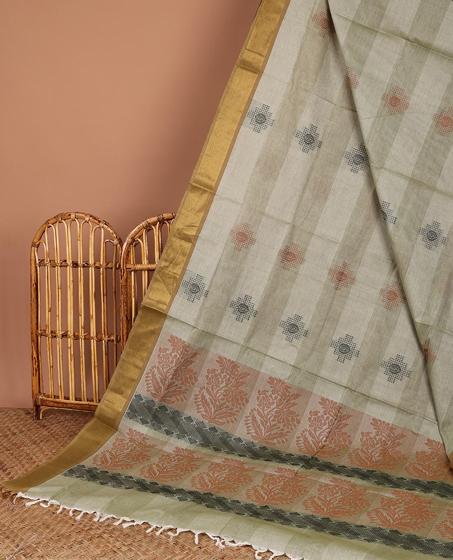 Brown striped Coimbatore cotton saree with buttas, zari border & floral design pallu