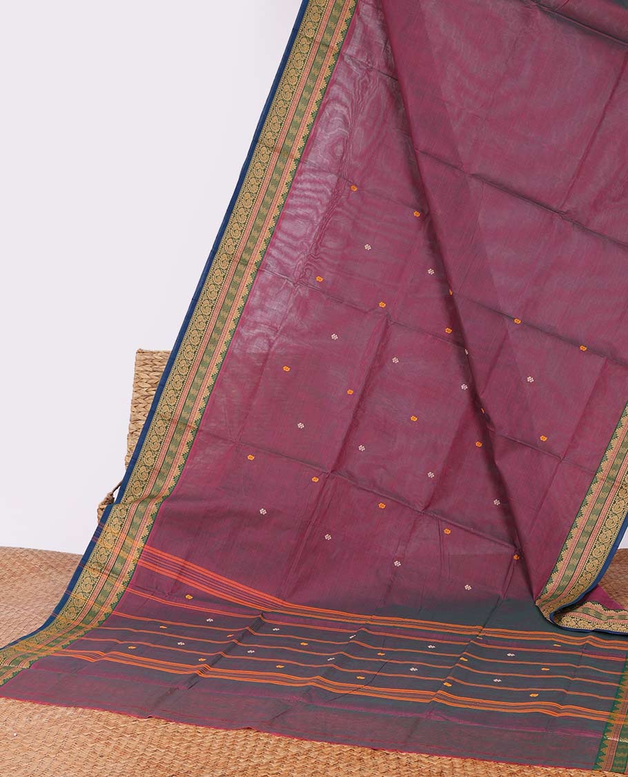 Purple Chettinad cotton saree, contrast traditional zari design border & striped pallu