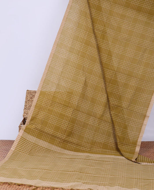 Brown checked design khadi cotton saree with contrast striped  border & checked design pallu