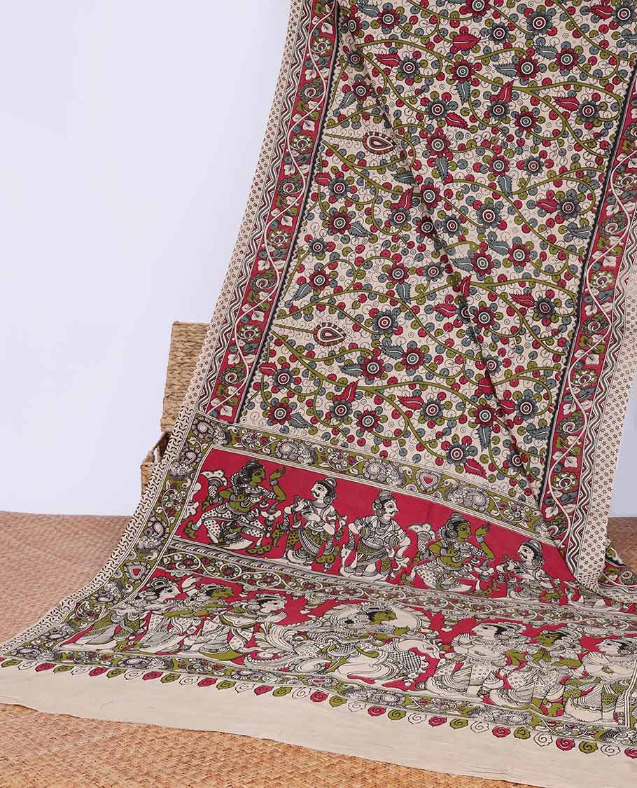 Cream floral vine design kalamkari cotton saree with contrast border & human inspried design pallu