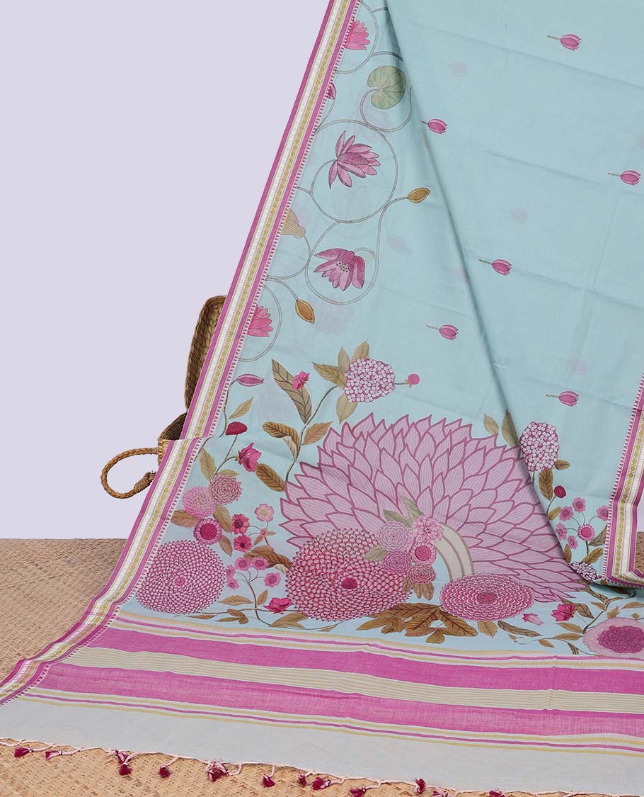 Blue floral design chirala cotton saree with contrast border & striped pallu