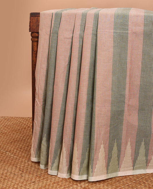 Green with brown striped coimbatore cotton saree with contrast temple design & geometric design pallu