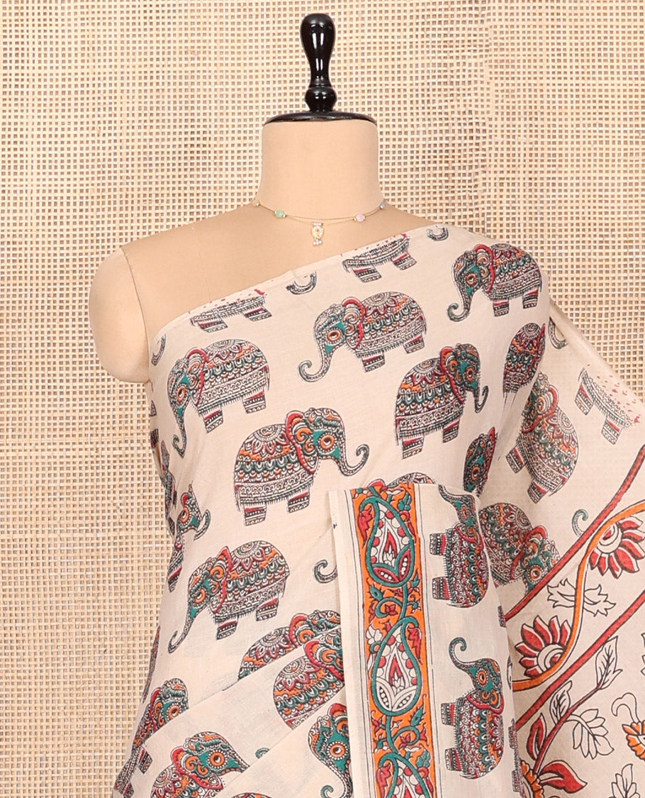 Borderless Sandal Kalamkari Cotton Saree, Decorated with Elephant Motifs Print, Self-Pallu of Peacock Motifs, and a Matching Blouse