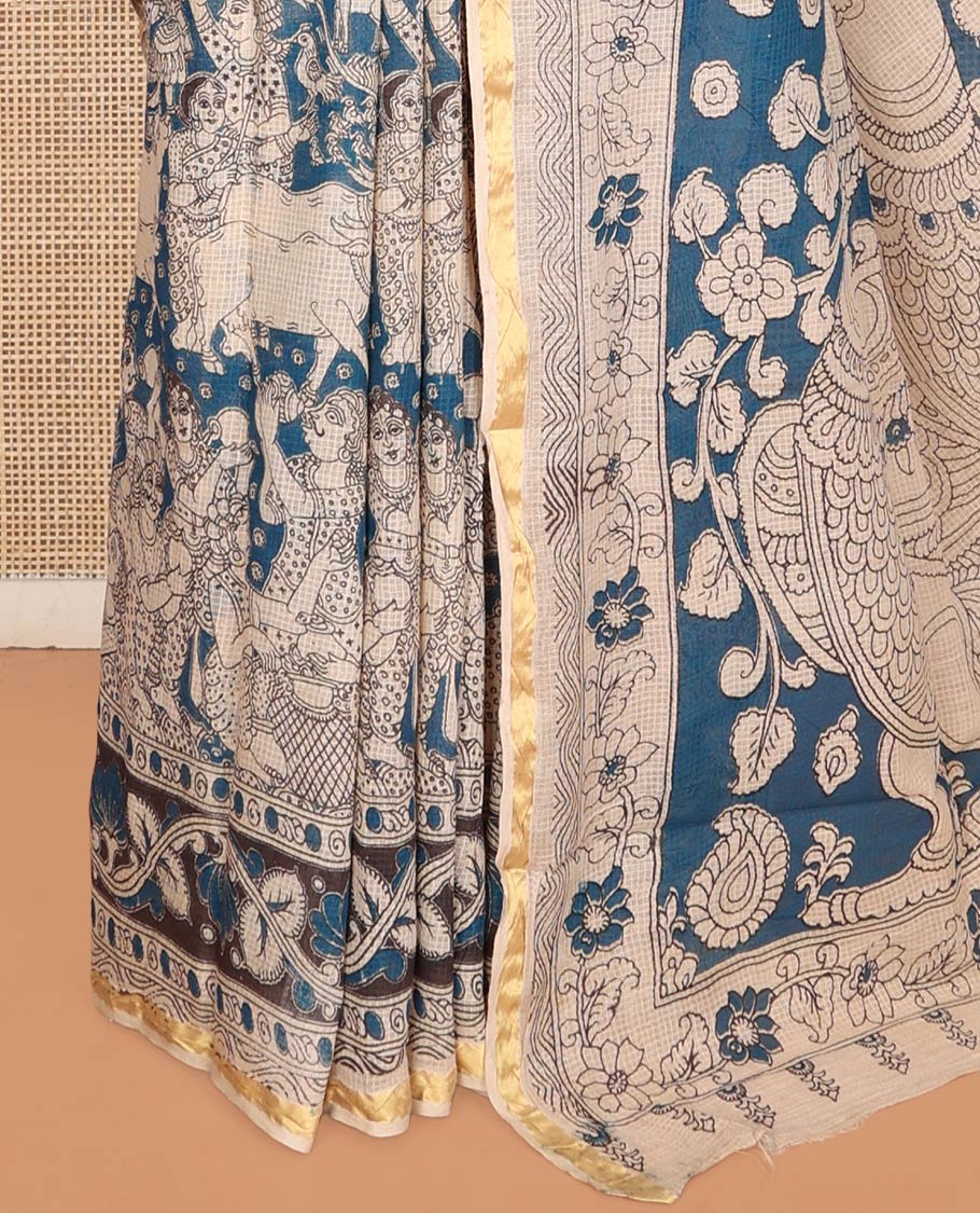 Blue Machine-Printed Kalamkari Cotton Saree Features Human Motifs, a Piping Border, Pallu of Peacocks, and a Matching Blouse