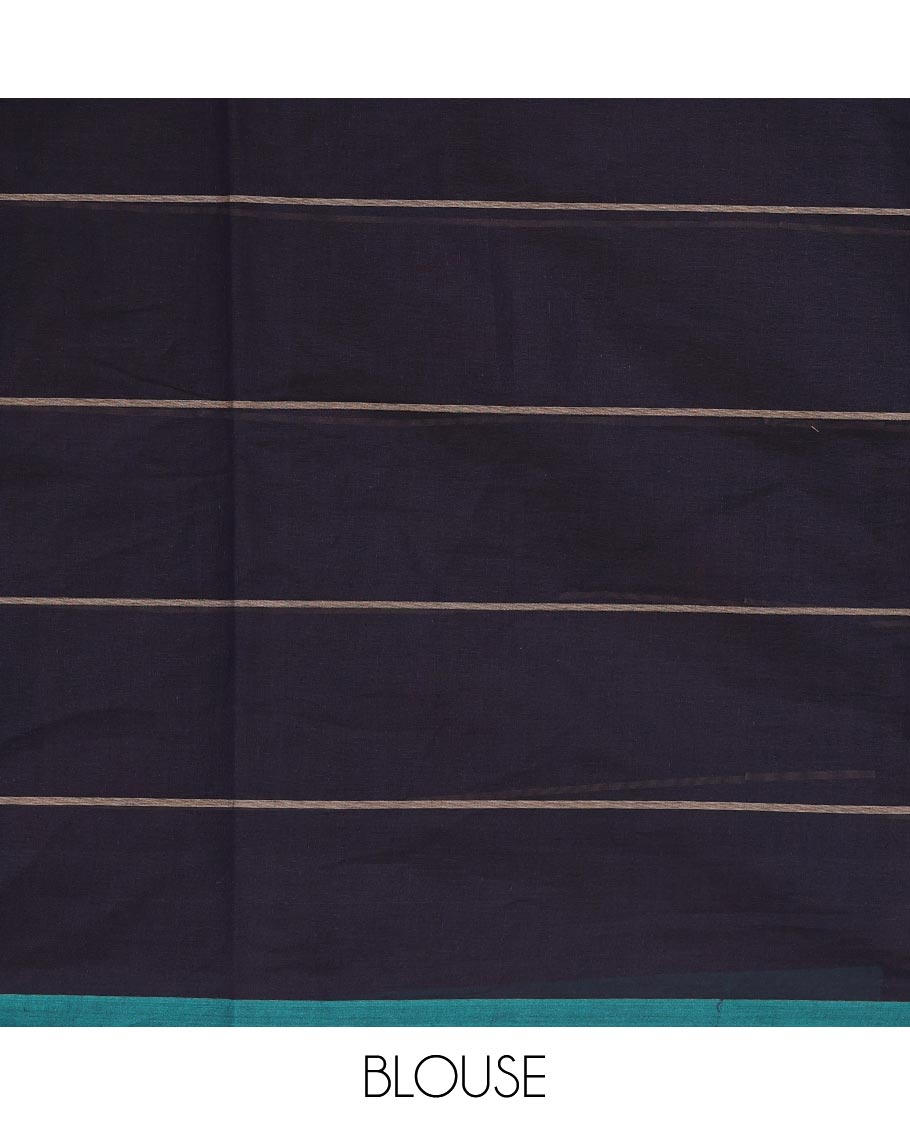 Dark blue stripes, and leaf motifs Kanchi cotton saree, plain border, and floral vine design pallu