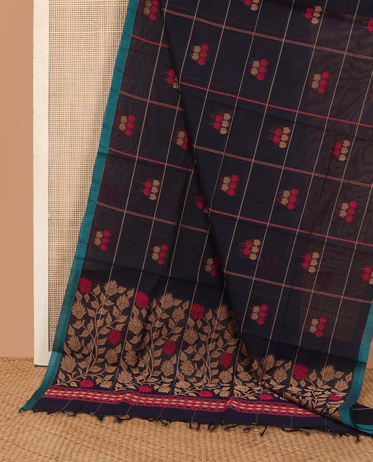 Dark blue stripes, and leaf motifs Kanchi cotton saree, plain border, and floral vine design pallu