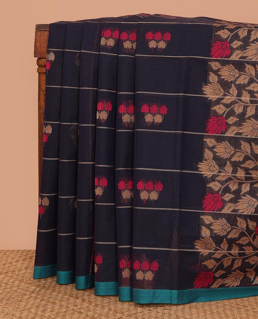 Dark blue stripes, and leaf motifs Kanchi cotton saree, plain border, and floral vine design pallu