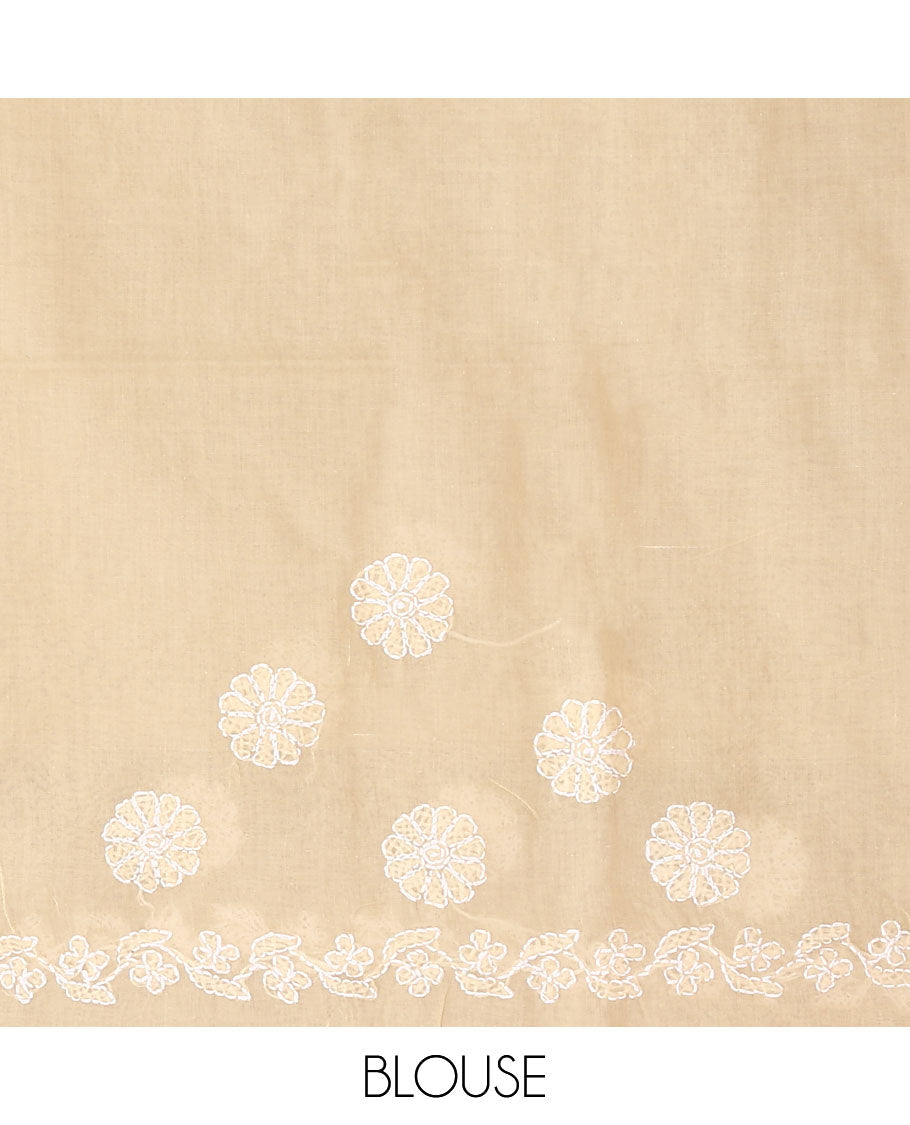 Sandal floral thread embroidered buttas Lucknowi chikankari saree, floral creeper thread embroidered border, and floral embroidered pallu