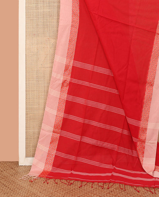 Red Plain Khadi Cotton Saree, Complemented by a Contrast Jaal-Patterned Border, Pallu Features Stripes, and Comes Without a Blouse