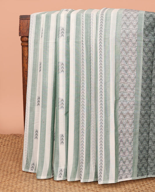 Borderless Off-white and Green  Kanchi Cotton Saree, Woven with Stripes and Buttas All Over Its Body, Intricately Designed Pallu of Geometric Designs, and Paired with a Matching Blouse