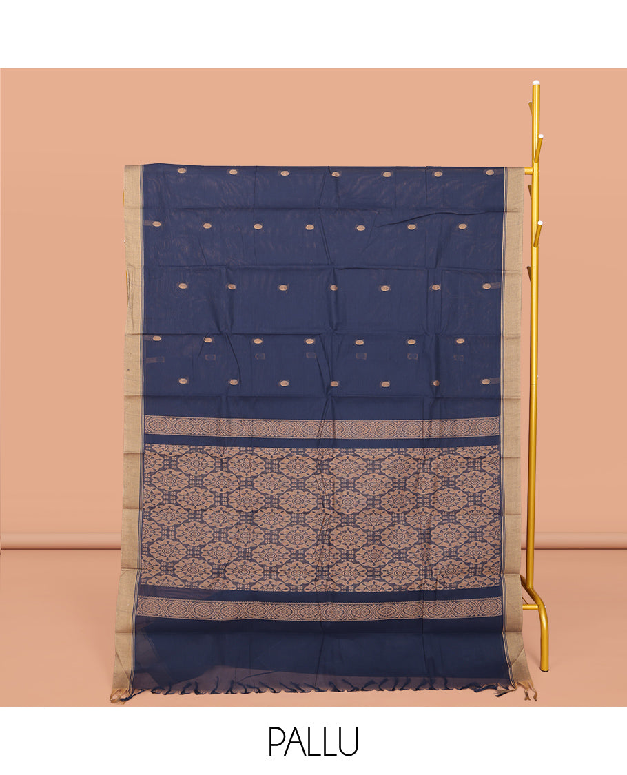 Navy Blue Kanchi Cotton Saree, Ornamented with Buttas All Over Its Body, Complemented by a Contrast Border, Pallu of Intricate Design, and Paired with a Matching Blouse