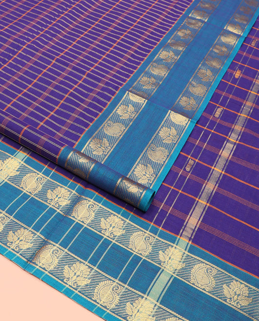 Blue Nine-Yard Cotton Saree, Crafted with Checks on Its Body, Complemented by Contrast Traditional Zari Design Rettai Pettu Border, Striped Pallu, and Comes Without a Blouse