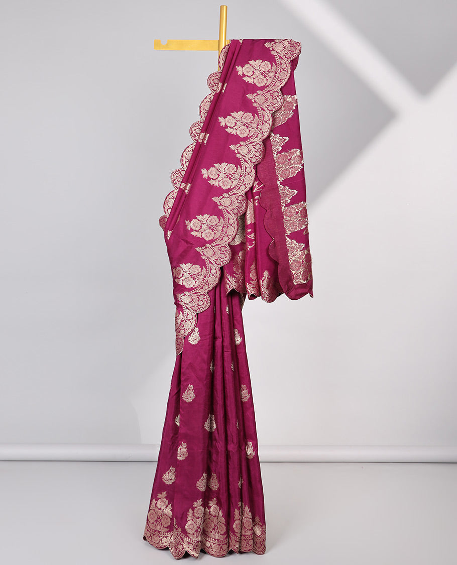 Pink floral motifs semi-banaras dola silk saree with scallop border & peacock design pallu