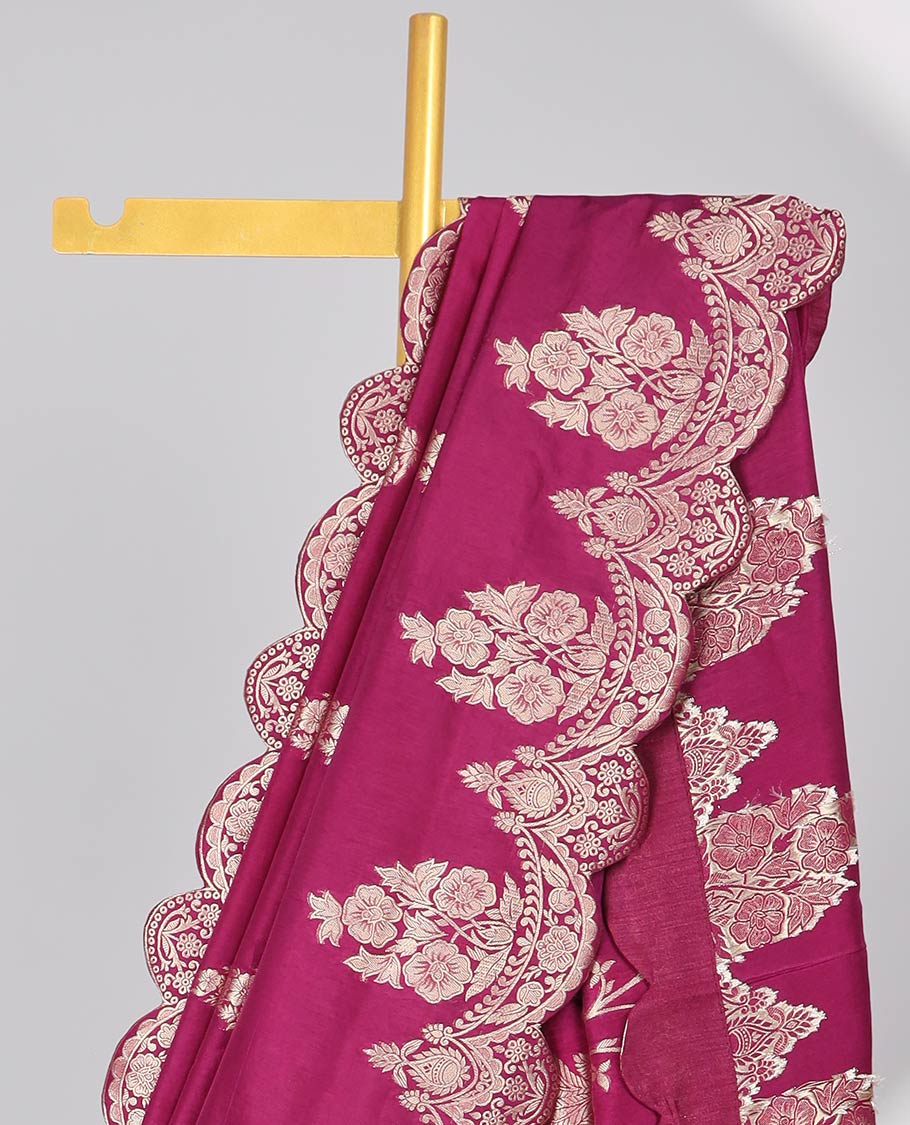 Pink floral motifs semi-banaras dola silk saree with scallop border & peacock design pallu