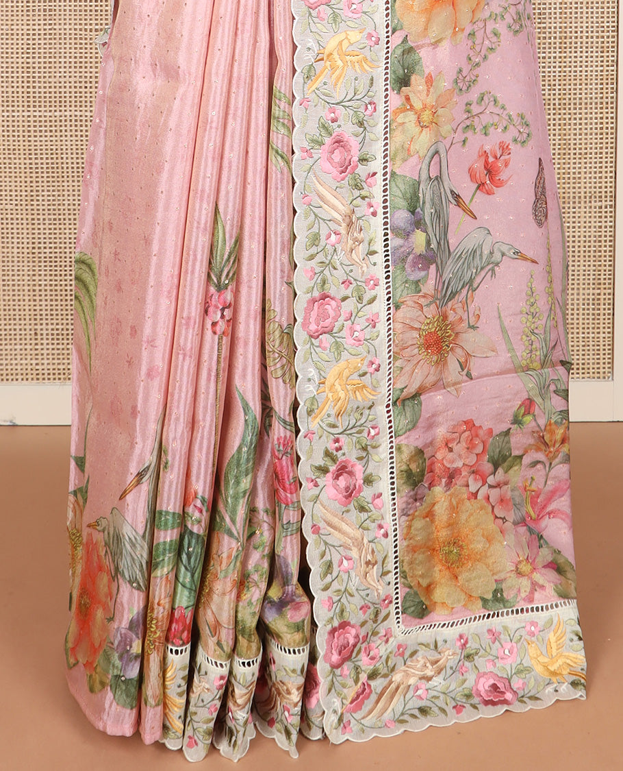 Pink buttas with floral printed dola silk saree, contrast floral embroidered scallop border