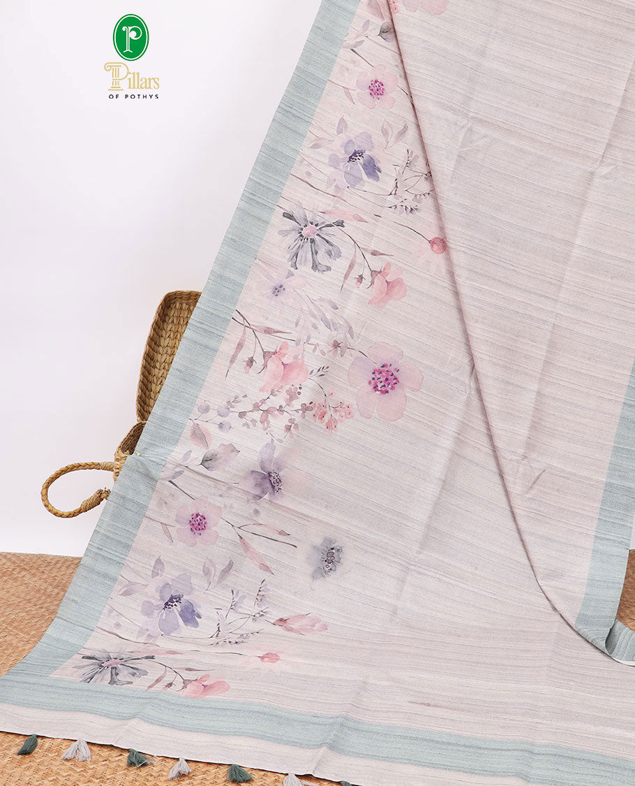 Light pink all over floral digital printed semi-banaras tussar saree with contrast plain border