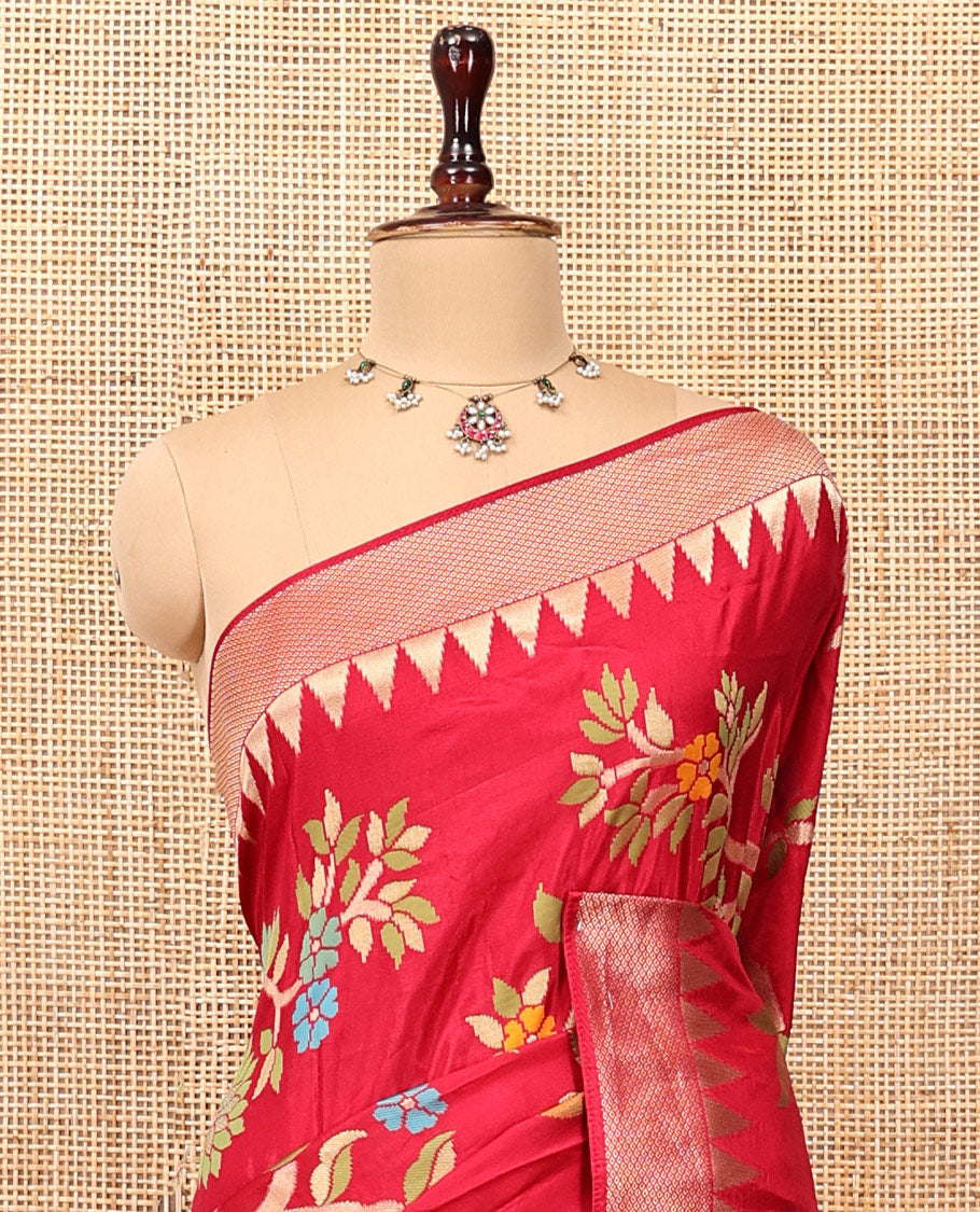 Rani Pink Dola Silk Saree Features Paithani Floral-Bird Motifs, Temple Border, Matching Blouse