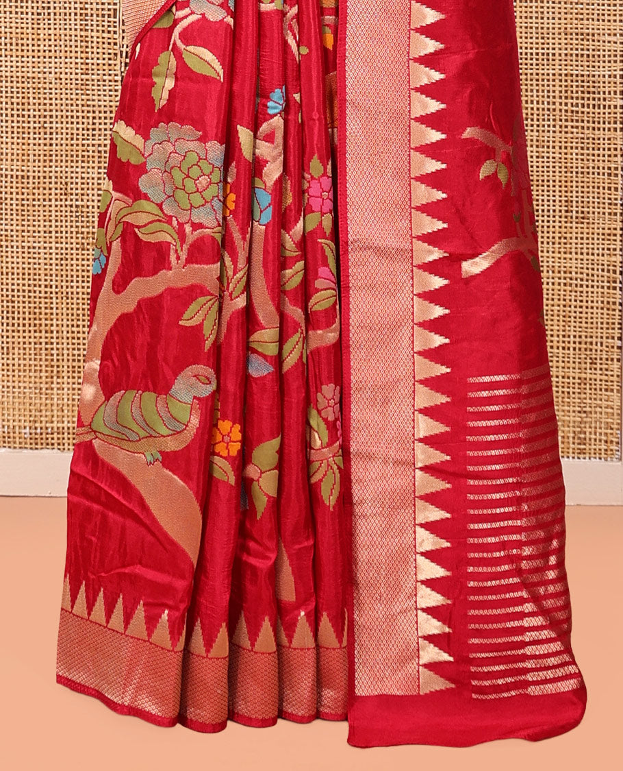 Rani Pink Dola Silk Saree Features Paithani Floral-Bird Motifs, Temple Border, Matching Blouse