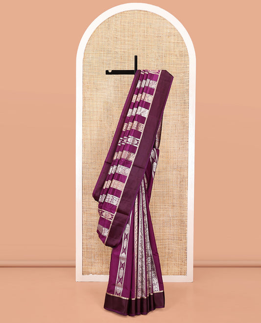 Purple Dupion Silk Saree, Richly Features Vertically Woven Traditional Patterns in Zari, Complemented by Contrast Zari Satin Border, Rich Pallu, and Paired with a Matching Blouse