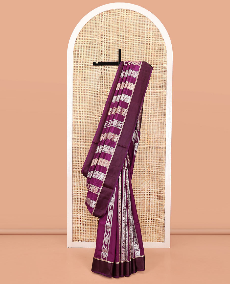 Purple Dupion Silk Saree, Richly Features Vertically Woven Traditional Patterns in Zari, Complemented by Contrast Zari Satin Border, Rich Pallu, and Paired with a Matching Blouse