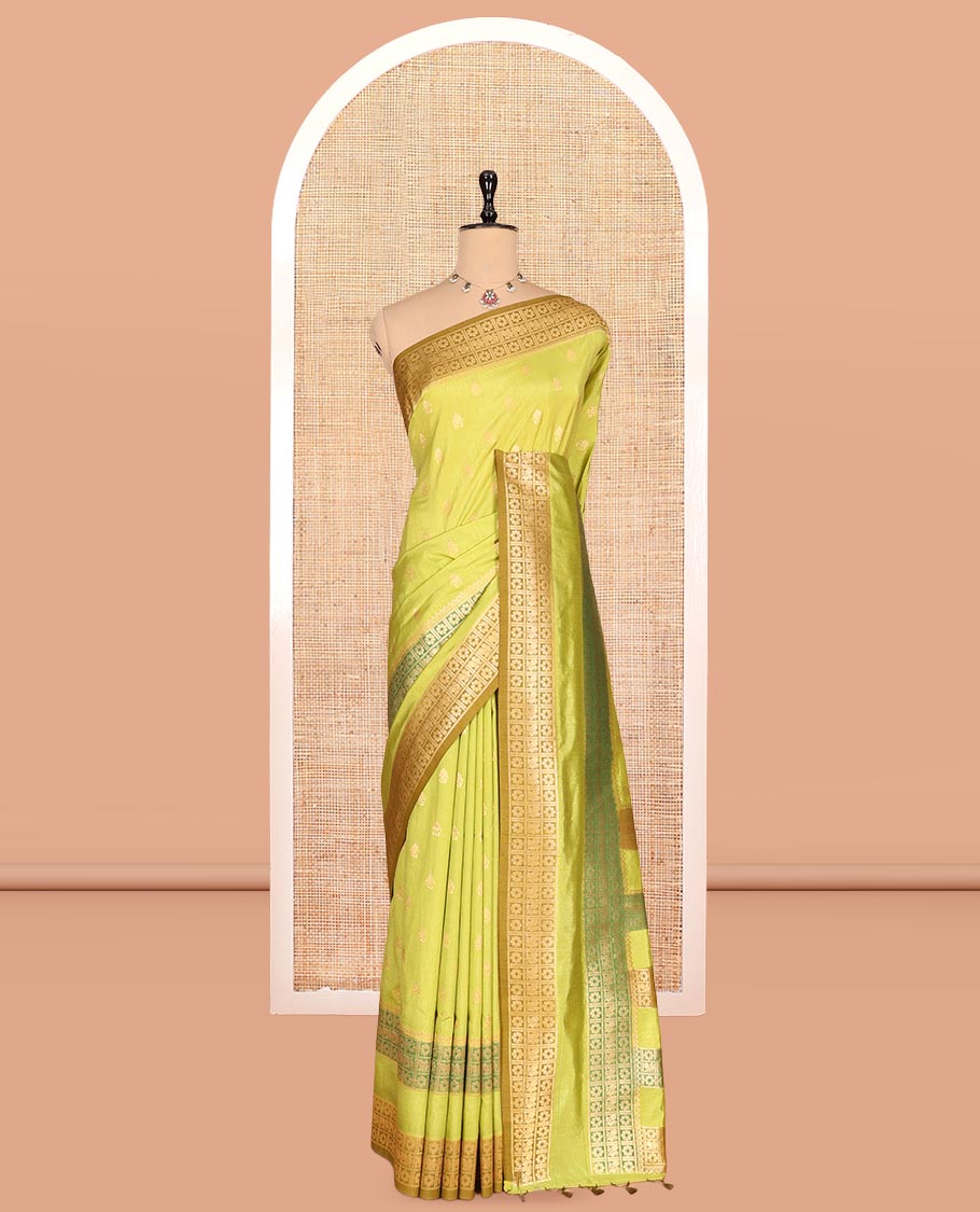 Parrot Green Fancy Raw Silk Saree, Subtly Woven with Buttas, Peacock-Flower Traditional Border, and a Matching Blouse