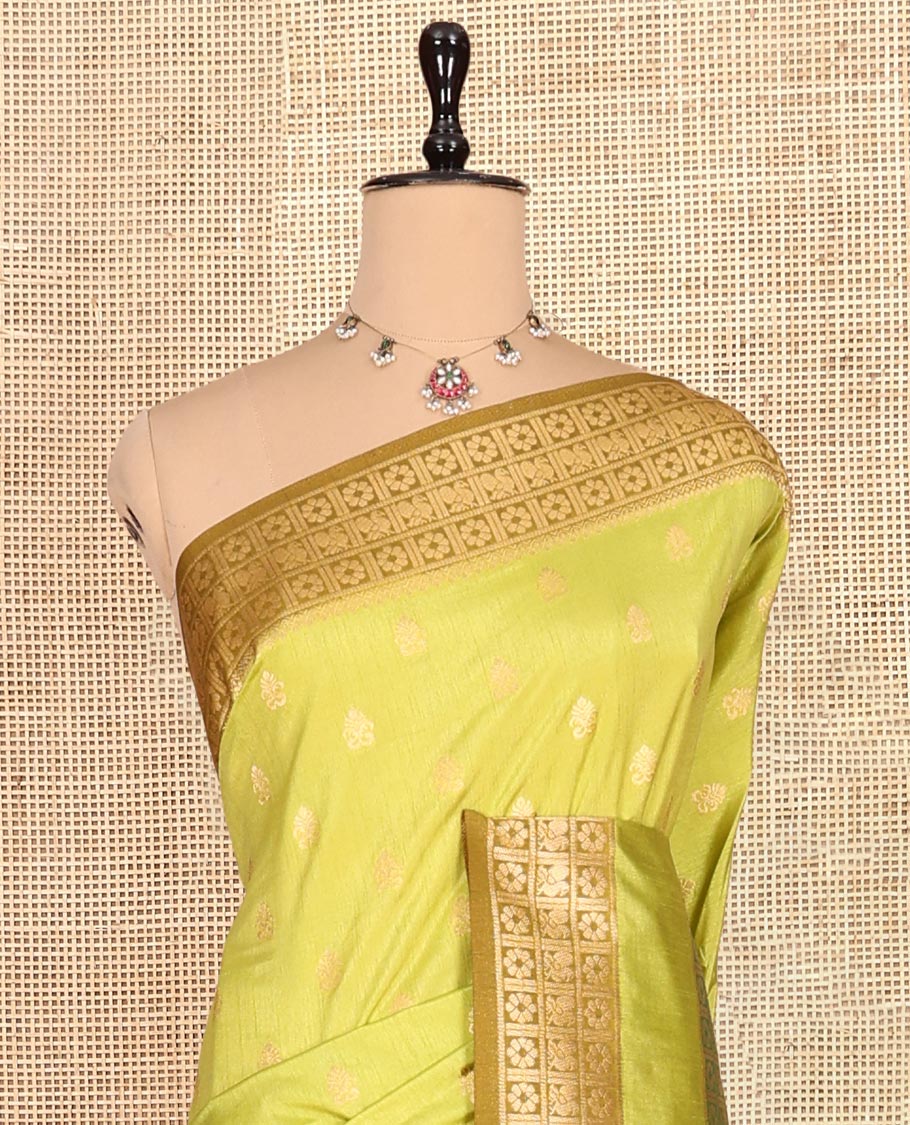 Parrot Green Fancy Raw Silk Saree, Subtly Woven with Buttas, Peacock-Flower Traditional Border, and a Matching Blouse