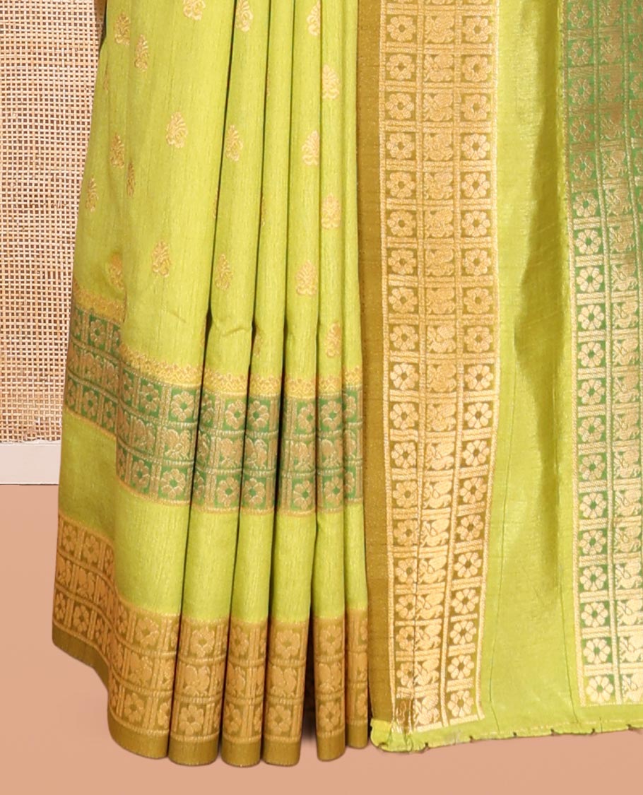 Parrot Green Fancy Raw Silk Saree, Subtly Woven with Buttas, Peacock-Flower Traditional Border, and a Matching Blouse