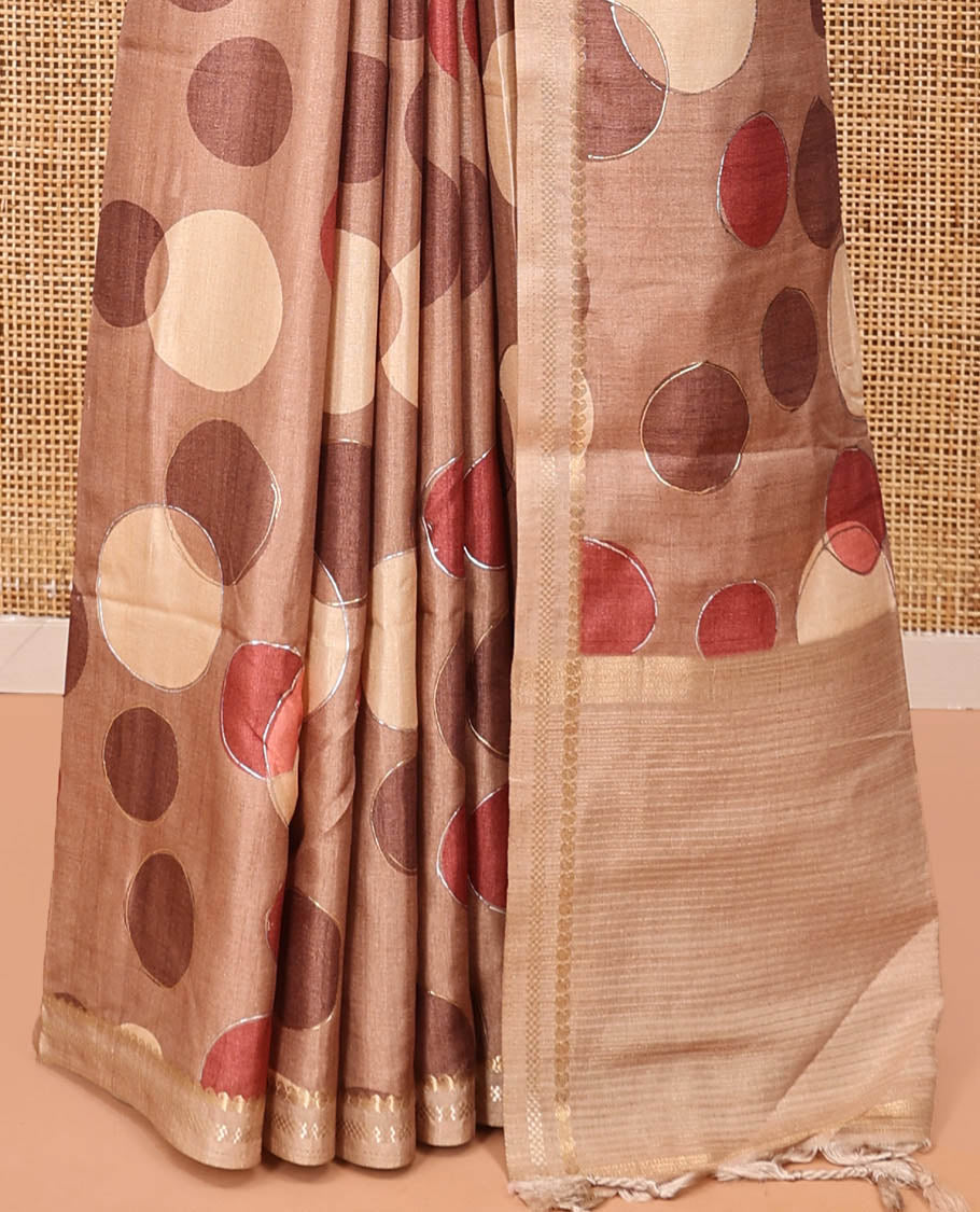 Brown Fancy Tussar Saree With Polka Dots, Zari Border, Pallu, and Blouse