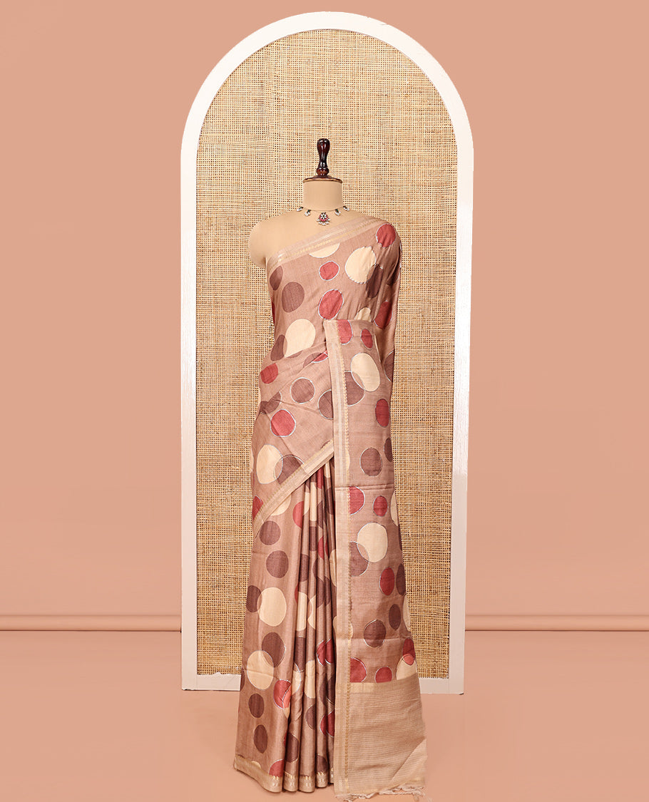Brown Fancy Tussar Saree With Polka Dots, Zari Border, Pallu, and Blouse
