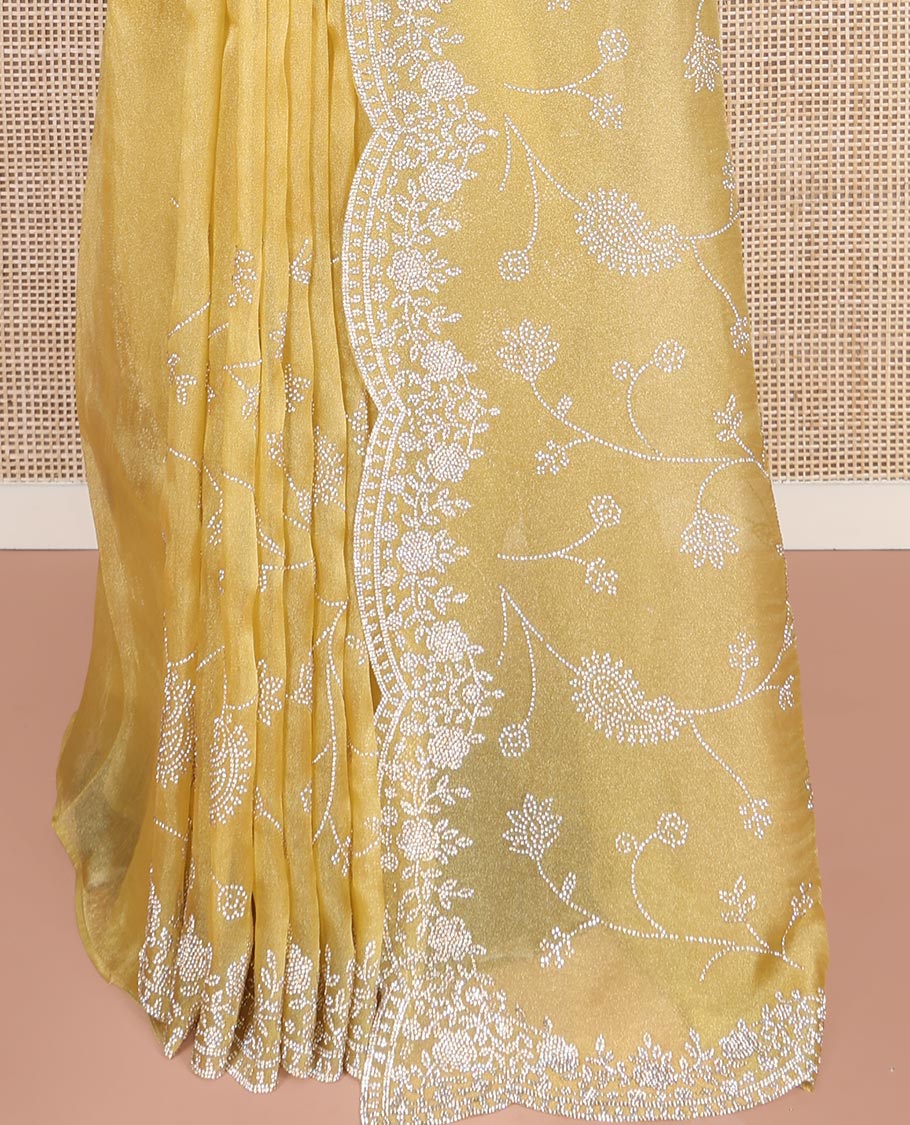 Pale Yellow Designer Saree, Mesmerized with Floral-Paisley Jaal Stone Work on Its Body, Highlighted by Scallop Stone Work Border, Pallu of Floral-Paisley Designs, and Paired with a Stone Work Matching Blouse
