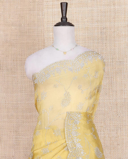 Pale Yellow Designer Saree, Mesmerized with Floral-Paisley Jaal Stone Work on Its Body, Highlighted by Scallop Stone Work Border, Pallu of Floral-Paisley Designs, and Paired with a Stone Work Matching Blouse