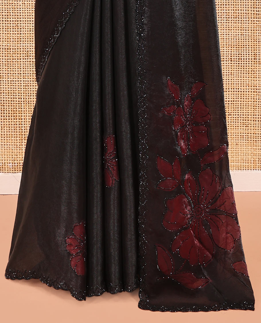 Black Designer Saree, Decorated with Floral Print and Outline Stone Embroidery On Its Body, and Paired with a Matching Blouse