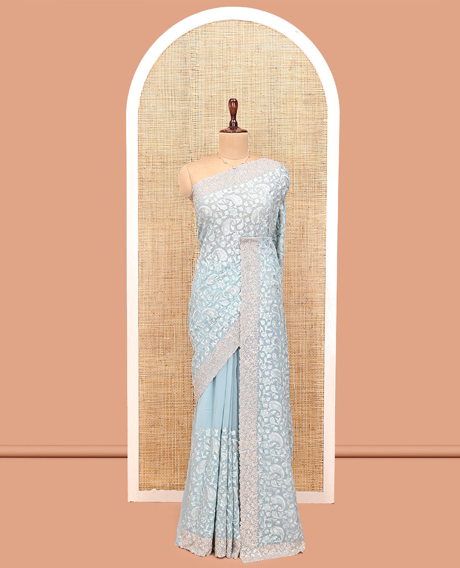 Pale Blue Designer Saree, Crafted with Floral-Paisley Embroidery, a Scallop Stone Embroidered Border, and a Matching Blouse
