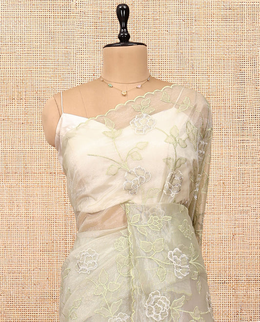 Pale Green Organza Saree, Delicately Woven with Floral Vine Embroidery, a Scallop Border, and a Matching Blouse
