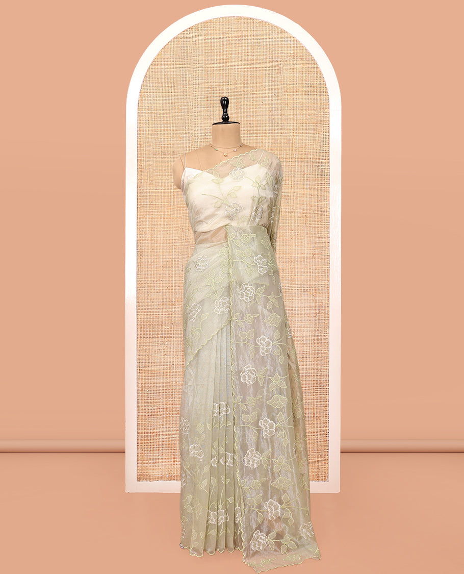 Pale Green Organza Saree, Delicately Woven with Floral Vine Embroidery, a Scallop Border, and a Matching Blouse