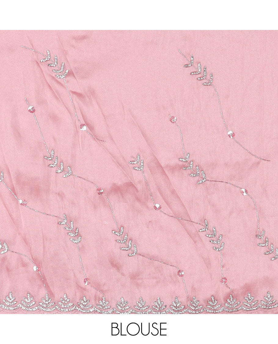 Pink diagonal floral vine embroidered designer saree, stone embroidered scallop border
