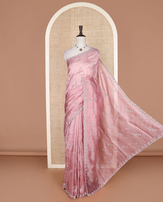 Pink diagonal floral vine embroidered designer saree, stone embroidered scallop border