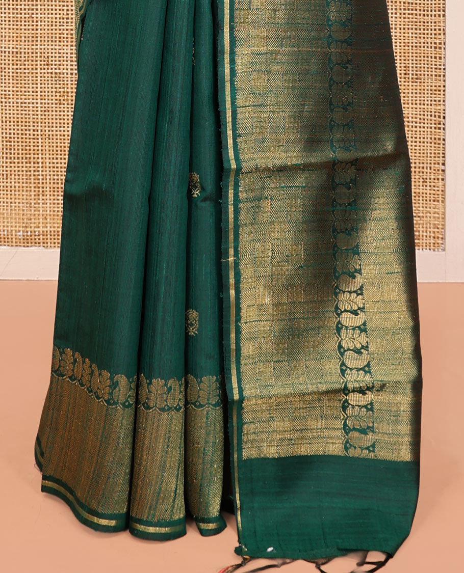 Green Dupion Silk Saree, Subtly Enriched with Buttas, a Traditional Border, Gleaming Zari Pallu, and a Matching Blouse