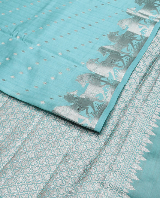 Light blue motifs raw mango silk saree with self border motifs design & argyle design pallu
