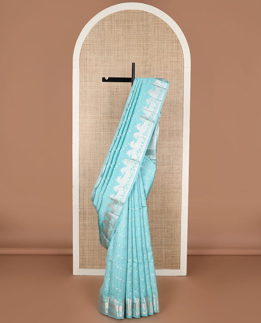 Light blue motifs raw mango silk saree with self border motifs design & argyle design pallu