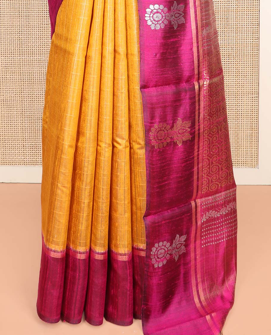 Yellow Dupion Silk Saree Highlighted with Checks All Over Its Body, Complemented by a Contrast Border  of Unique Motifs in Zari, Grand Pallu Depicts Geometric Designs, and Paired with a Contrast Blouse