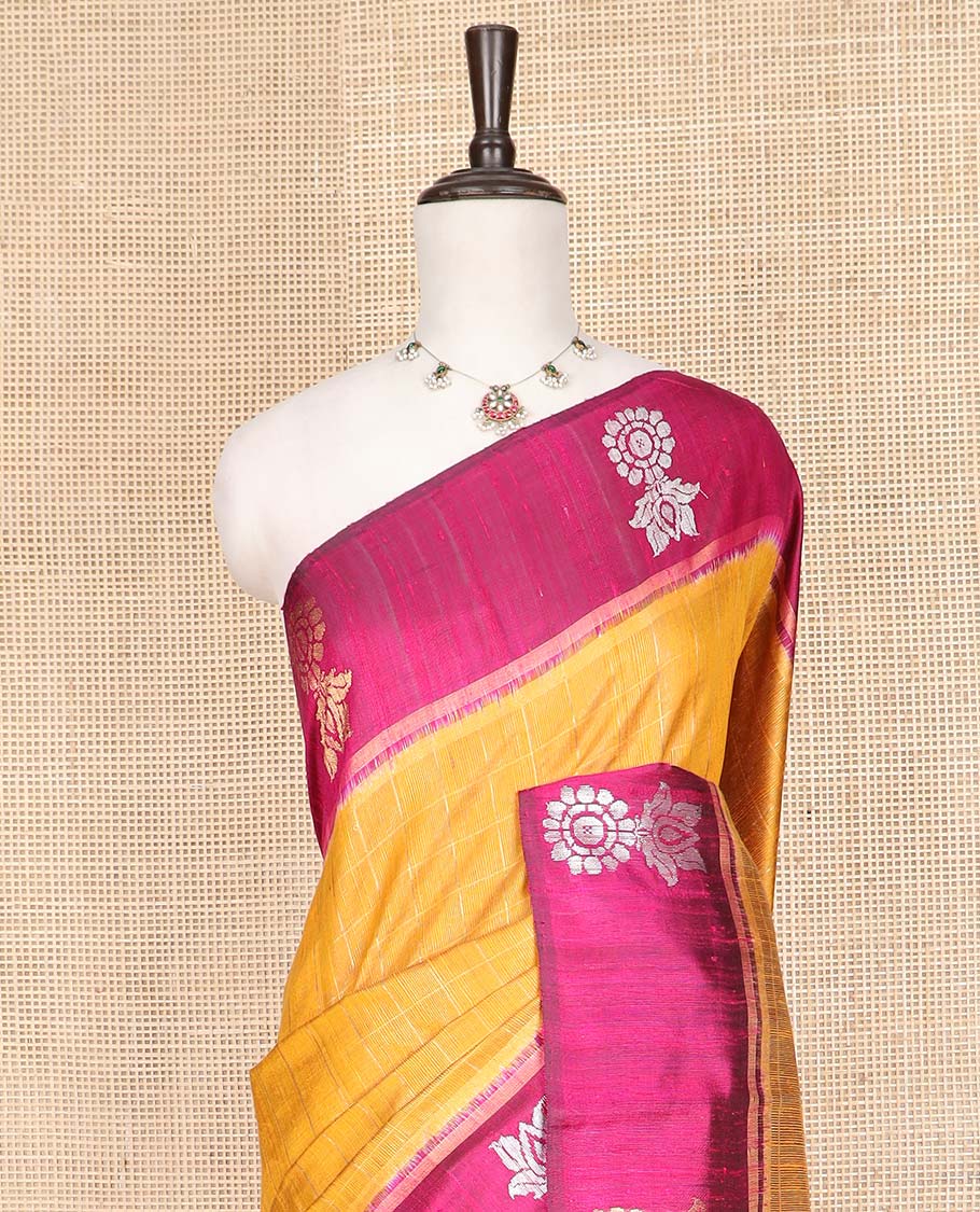 Yellow Dupion Silk Saree Highlighted with Checks All Over Its Body, Complemented by a Contrast Border  of Unique Motifs in Zari, Grand Pallu Depicts Geometric Designs, and Paired with a Contrast Blouse