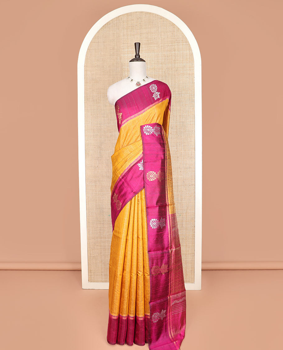 Yellow Dupion Silk Saree Highlighted with Checks All Over Its Body, Complemented by a Contrast Border  of Unique Motifs in Zari, Grand Pallu Depicts Geometric Designs, and Paired with a Contrast Blouse