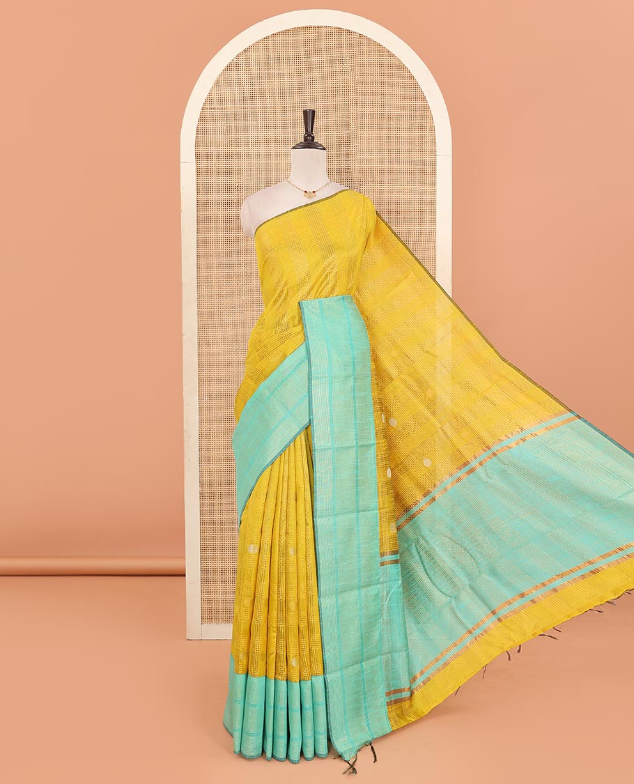 Yellow Semi-Dupion Saree Subtly Sparkled Zari Polka Dot and Horizontal Stripes All Over Its Body, Complemented by Contrast Zari Border, Pallu of Zari Stripes, and Paired with a Contrast Blouse