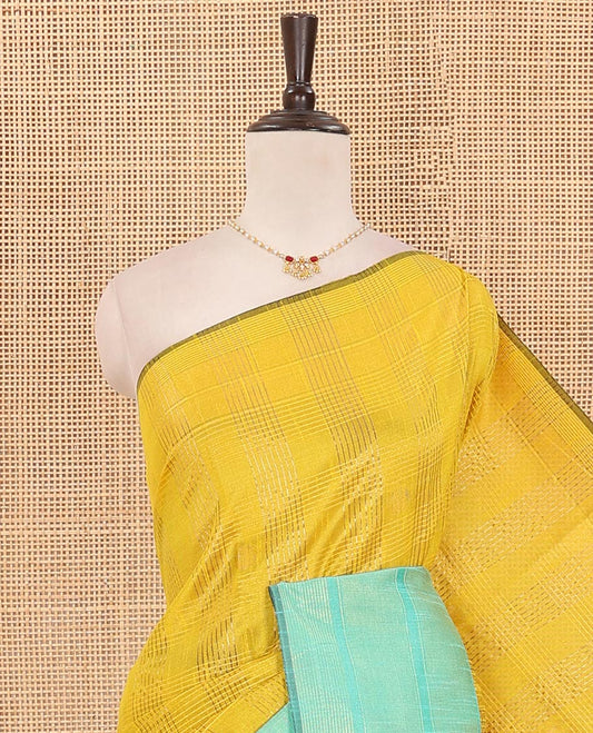 Yellow Semi-Dupion Saree Subtly Sparkled Zari Polka Dot and Horizontal Stripes All Over Its Body, Complemented by Contrast Zari Border, Pallu of Zari Stripes, and Paired with a Contrast Blouse